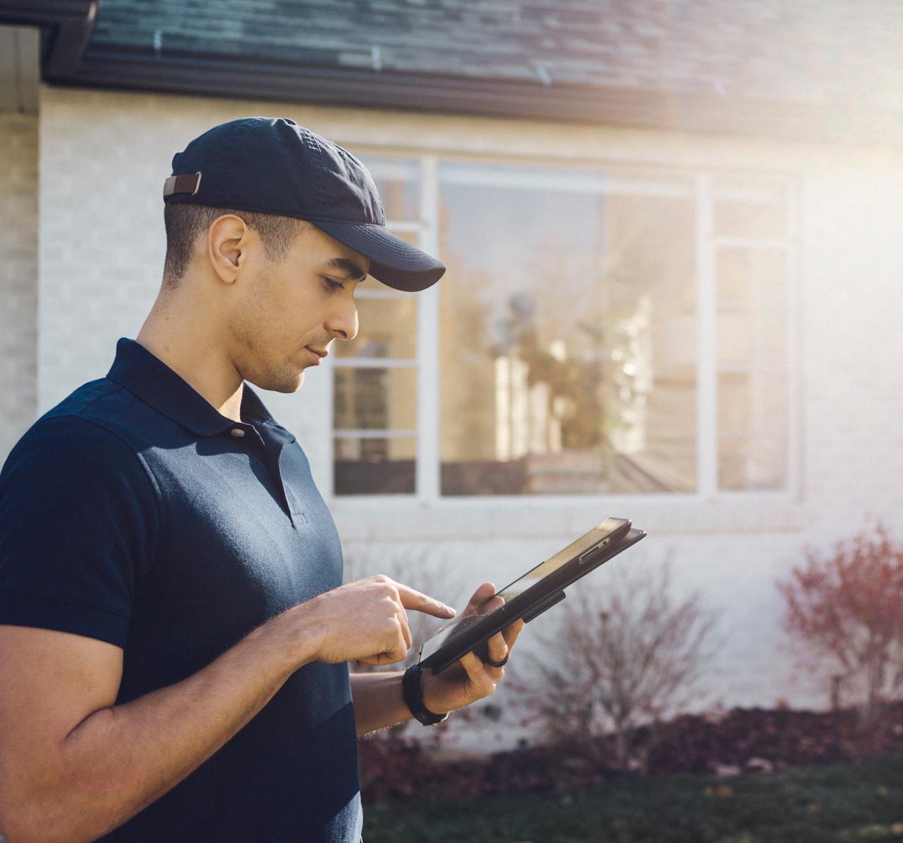 Man on Tablet Outside